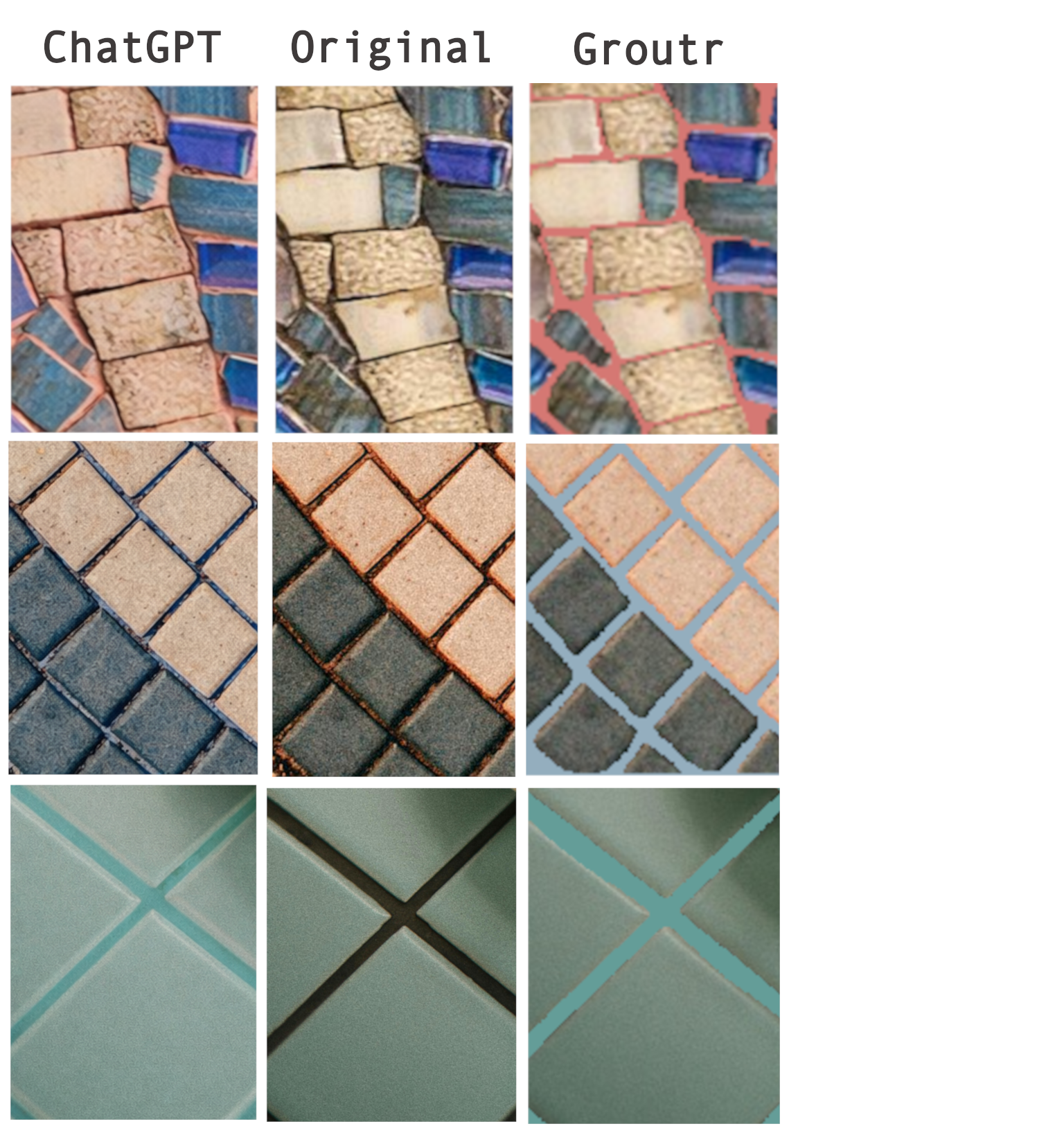 Mosaic tile comparison showing ChatGPT hallucinating new tile colors vs Groutr precisely recoloring only the grout