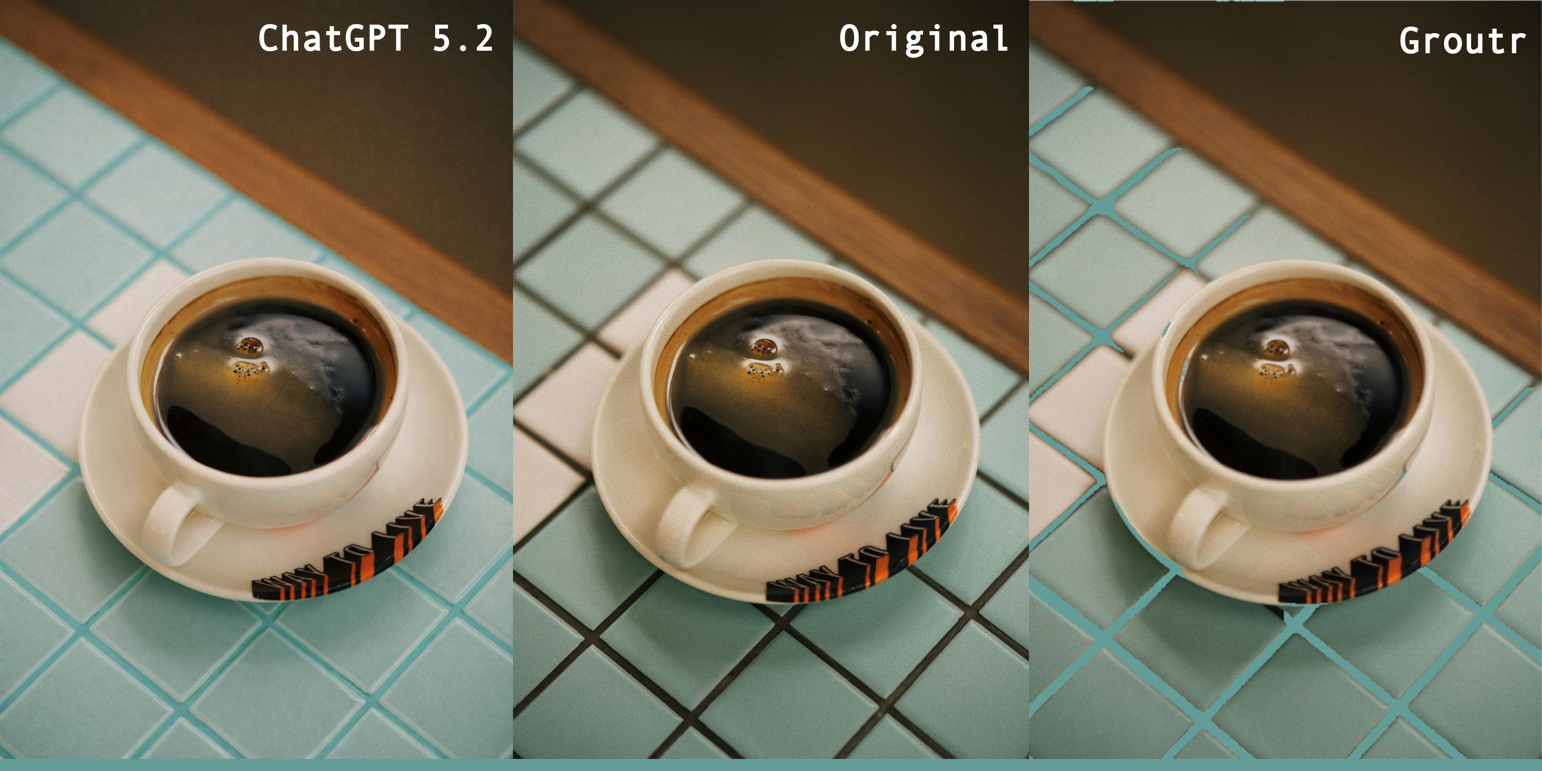 Side-by-side comparison of ChatGPT and Groutr grout color visualization on the same tile photo