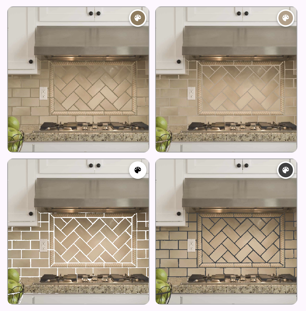 Four-way grout color comparison on the same tile photo, showing a client their options side by side